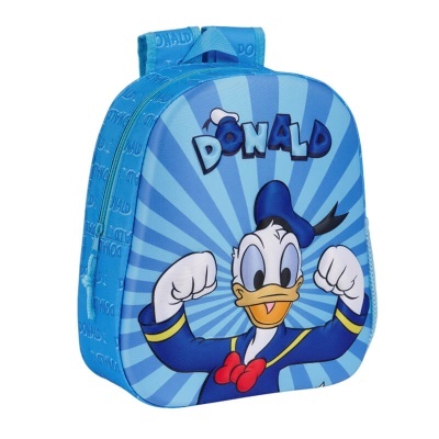 Mochila infantil azul com personagem Donald Duck em pose de força