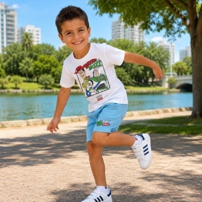 Camisola branca e calção azul claro para criança com estampas dos personagens Woody e Buzz ao ar livre