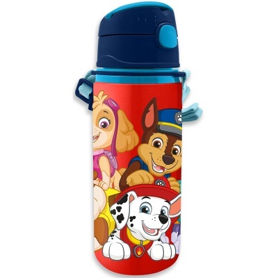 Garrafa de água infantil vermelha com personagens da Paw Patrol