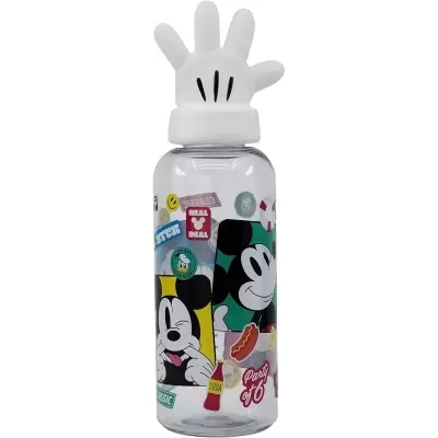 Garrafa de plástico transparente com estampas do Mickey Mouse e tampa branca em forma de mão