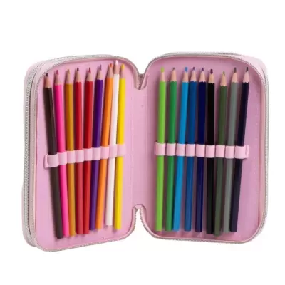 Estojo cor-de-rosa aberto com 18 lápis de cor de madeira coloridos