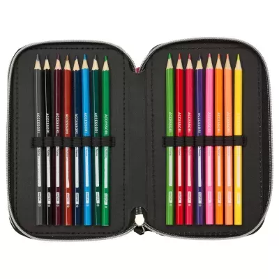 Estojo preto com 18 lápis de cor de várias cores organizados em elásticos internos.