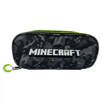 Estojo retangular preto e cinza com texto branco Minecraft e zíper verde