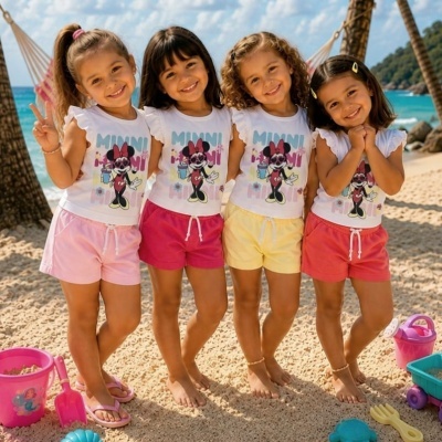 Quatro meninas na praia vestindo t-shirts da Minnie e calções coloridos com brinquedos de praia ao redor.