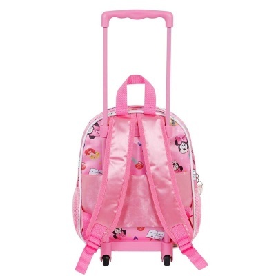 Mochila de rodas rosa com padrão Minnie vista de trás