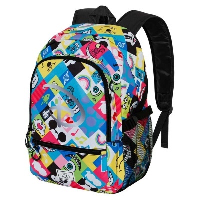 Mochila colorida com padrão geométrico e desenhos variados