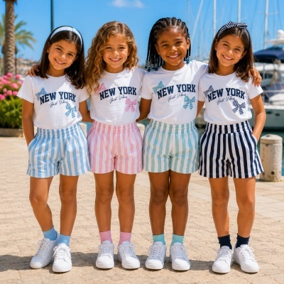 Quatro meninas com t-shirts brancas NEW YORK Best Vibes e calções listrados de cores diferentes, ao ar livre, junto a um cais com barcos.