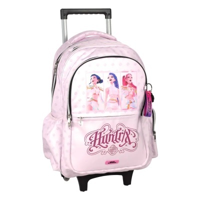 Mochila de rodinhas cor-de-rosa com personagens femininas e alça telescópica