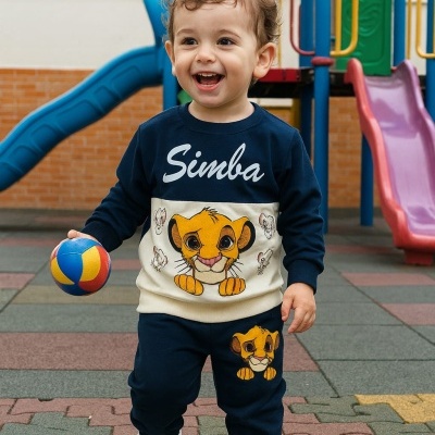 Criança em fato de treino do Simba com bola num parque infantil.