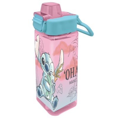 Garrafa de plástico rosa e azul com personagem Stitch e texto