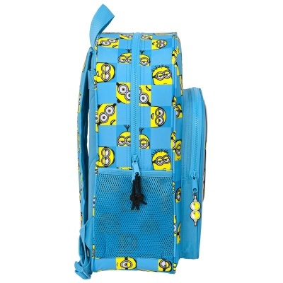 Mochila azul com padrão de personagens Minions amarelos, bolso lateral em rede e fecho de correr
