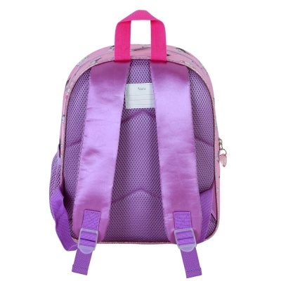 Mochila infantil rosa e lilás vista de trás com alças almofadadas e alça superior rosa