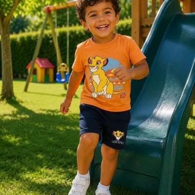 Menino com conjunto infantil de O Rei Leão num parque exterior