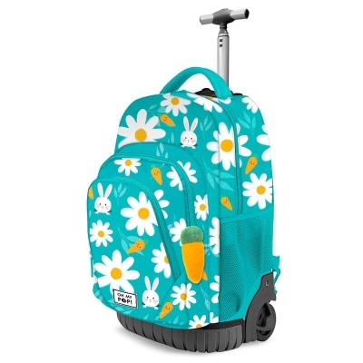 Mochila de rodas azul turquesa com flores, coelhos e cenouras