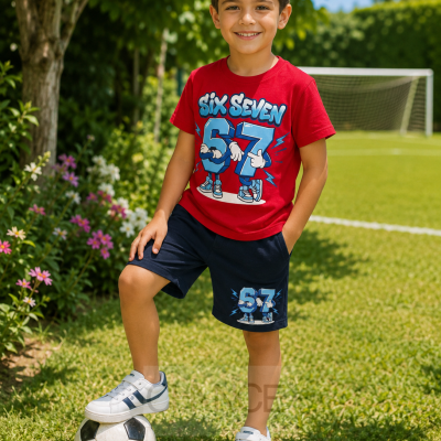 Menino sorridente com roupa vermelha e azul escuro com estampado Six Seven 67 e bola de futebol no relvado