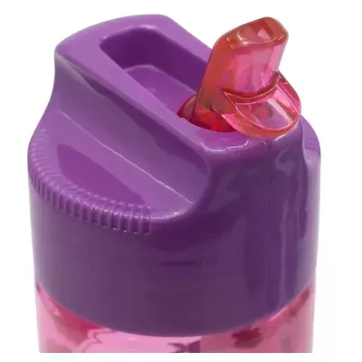 Garrafa de água com tampa roxa e bocal vermelho