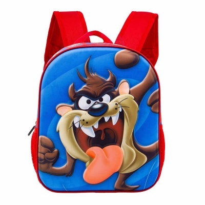 Mochila infantil com estampa do personagem Taz em azul e vermelho