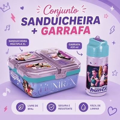Conjunto sanduicheira múltipla XL e garrafa 430 ml decoradas com personagens femininos em fundo lilás