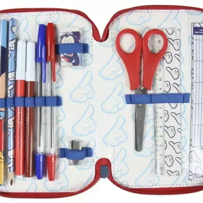 Estojo escolar aberto com canetas, tesoura, lápis e régua