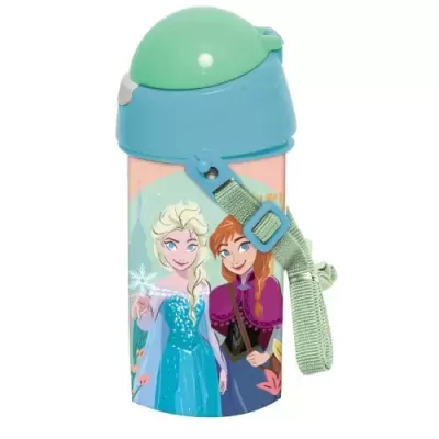 Garrafa infantil azul e verde com personagens Frozen Elsa e Anna