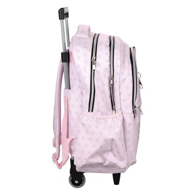 Mochila de rodinhas rosa claro com fechos de correr e cabo telescópico.