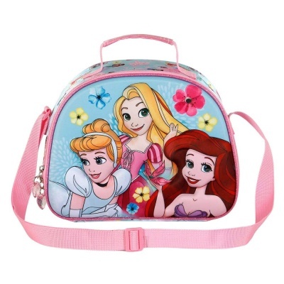 Bolsa infantil com princesas Disney e flores sobre fundo azul