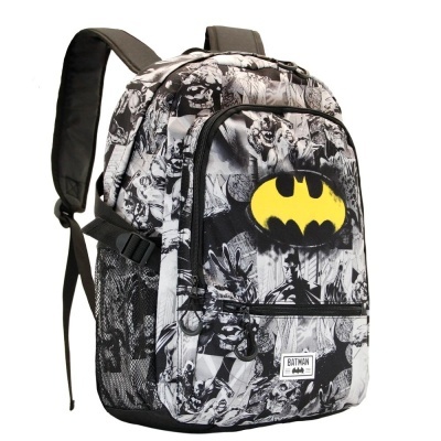 Mochila Batman com estampado de quadrinhos e símbolo amarelo