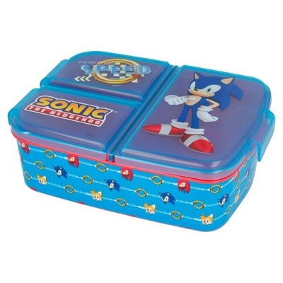 Marmita azul Sonic the Hedgehog com três compartimentos e personagens estampados