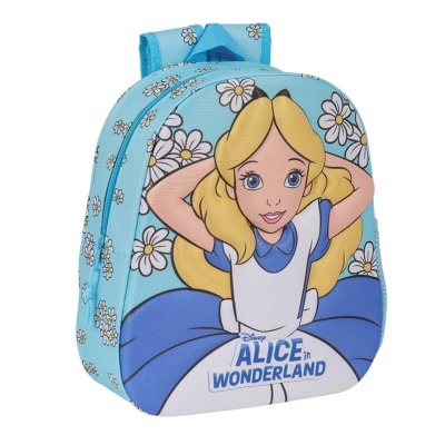 mochila infantil azul clara com personagem Alice e margaridas