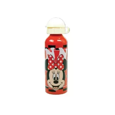 Garrafa metálica vermelha com imagem da Minnie Mouse e tampa branca
