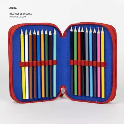 Estojo azul com lápis de cor coloridos e fecho vermelho aberto