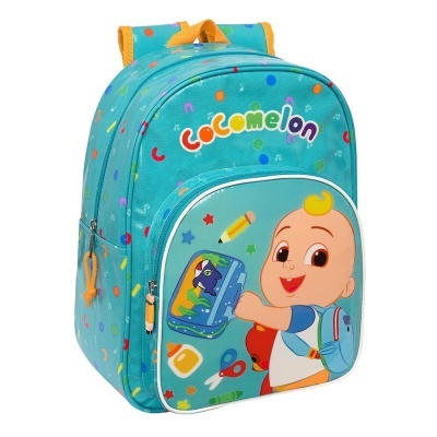 Mochila infantil azul com desenho de bebé e texto Cocomelon