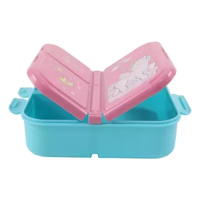 Lancheira de plástico azul clara com tampa rosa e desenho de unicórnio