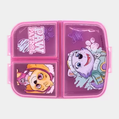 Caixa de lancheira rosa e roxa com personagens da PAW PATROL e texto impresso