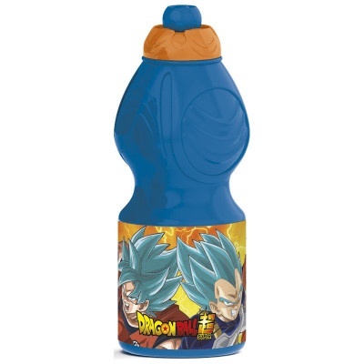 Garrafa desportiva azul com tampa laranja e personagens Dragon Ball