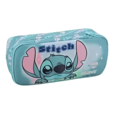 Estojo azul claro com estampa do personagem Stitch e texto stitch e 626