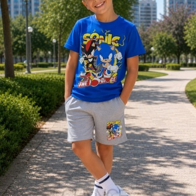 Camisola azul e calções cinza com estampado Sonic worn por rapaz exterior
