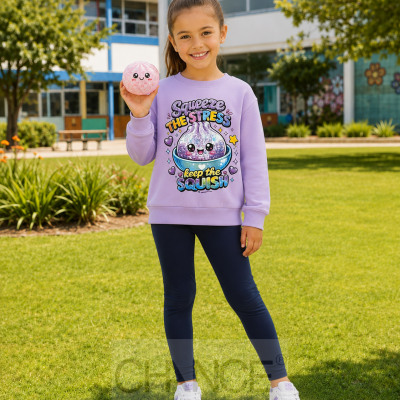 Menina com sweatshirt lilás Squeeze THE STRESS e bola cor-de-rosa sorridente num parque