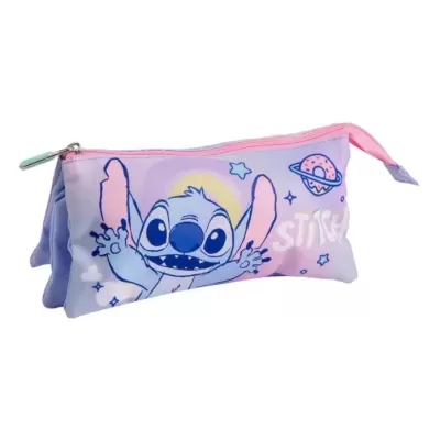 Estojo escolar lilás e rosa com personagem Stitch e fecho rosa