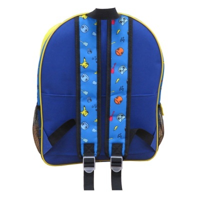 Mochila azul com alças decoradas e contornos amarelos