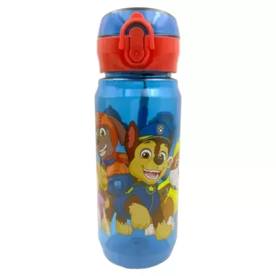 Garrafa azul com personagens Paw Patrol e tampa vermelha