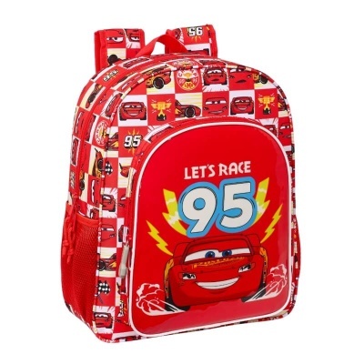Mochila vermelha infantil com estampados do filme Cars e texto LET'S RACE 95