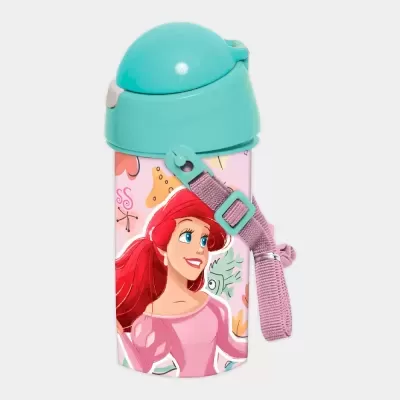 Garrafa infantil com tampa azul e personagem Ariel da Disney em fundo colorido
