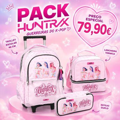 Pack escolar rosa Huntrix com trolley, lancheira e estojo com personagens K-pop