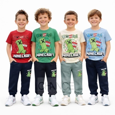Conjuntos de roupa infantil Minecraft com calças e t-shirts coloridas.