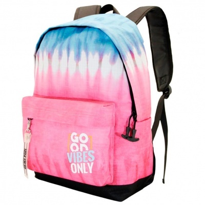 Mochila tie-dye azul, branco e rosa com frase colorida e base preta