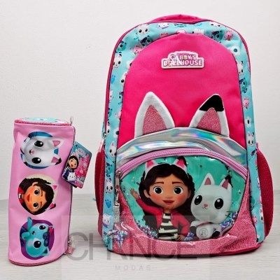 Mochila rosa com personagens infantis e estojo cilíndrico rosa
