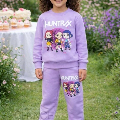 Conjunto infantil lilás com estampa e texto HUNTRX num jardim com flores