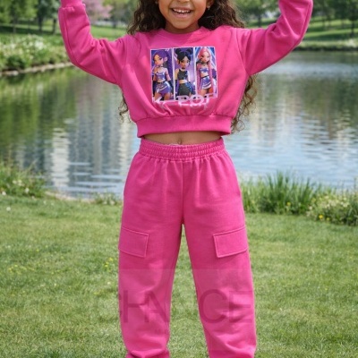 Menina com conjunto rosa com estampado animado, calças com bolsos, e ténis brancos com riscas rosa em parque com lago