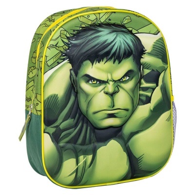 Mochila infantil verde com estampa do Hulk e detalhes amarelos